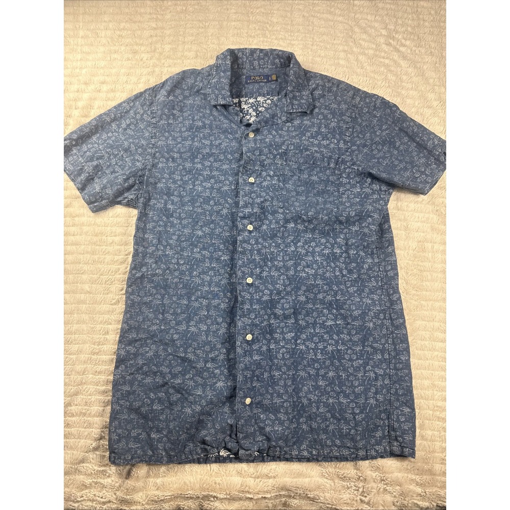 Polo Ralph Lauren Shirt Mens Large Linen Palm Tree Flamingo Print Button Up
